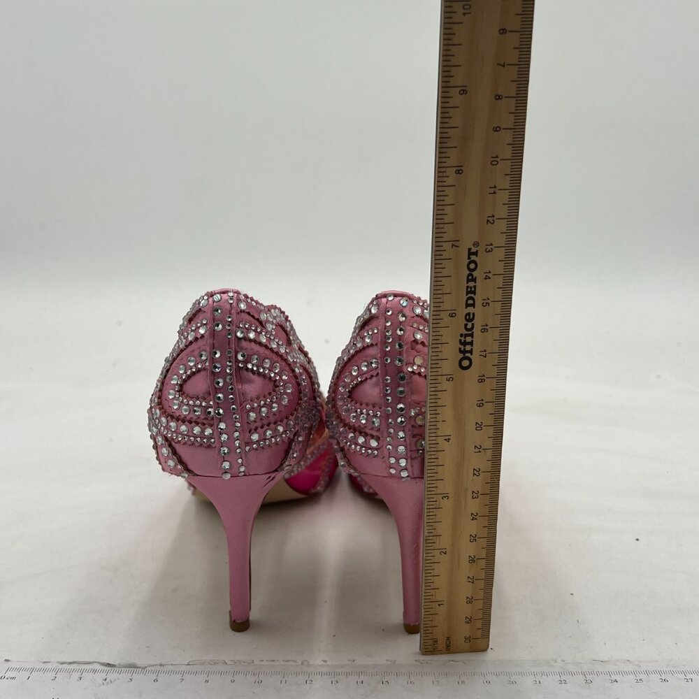 XYD Pink Pointy Toe Crystal Studded Bridal High Heel Slip On D'Orsay Mesh Pumps - Picture 5 of 8